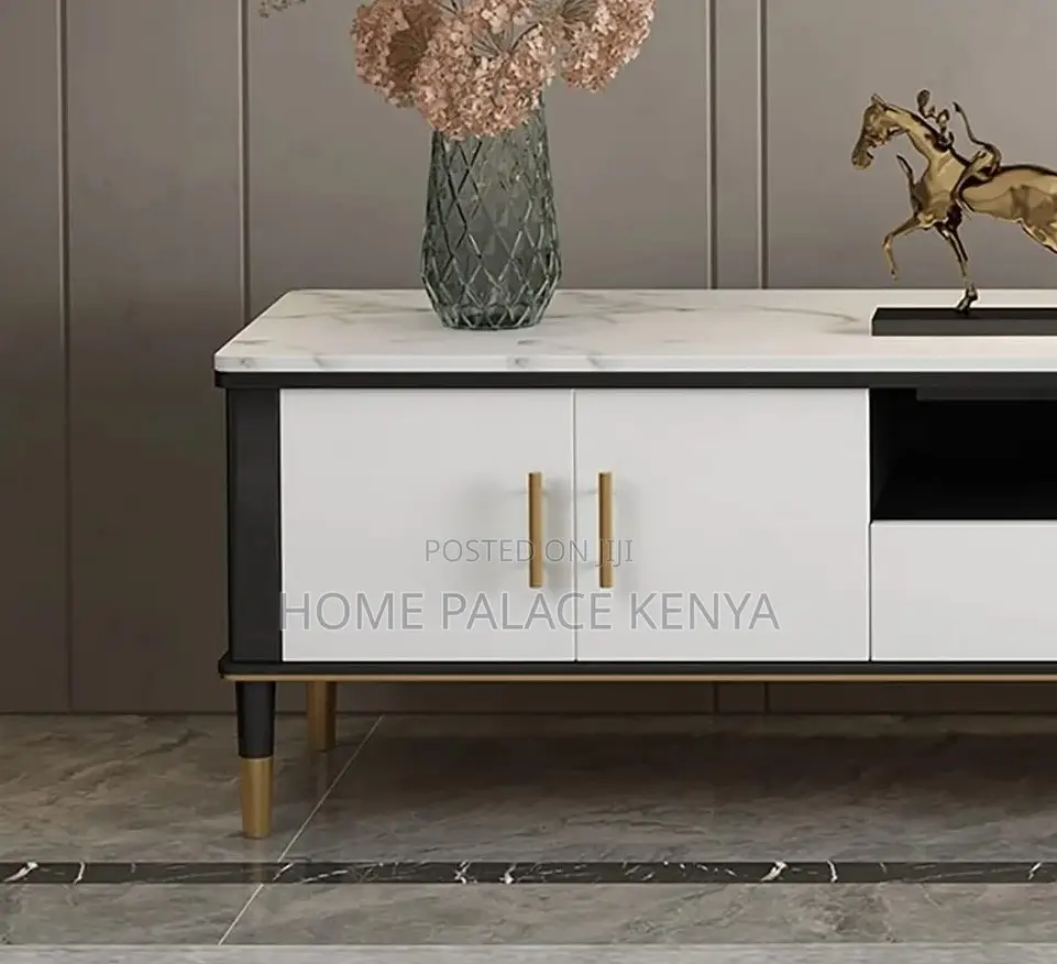 Tv Cabinet: Wooden Marble Top Console With Storage Cabinets and Drawer