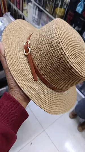 Beige Ladies Beach Hats /Summer Hats With Leather Strap Gold Buckle