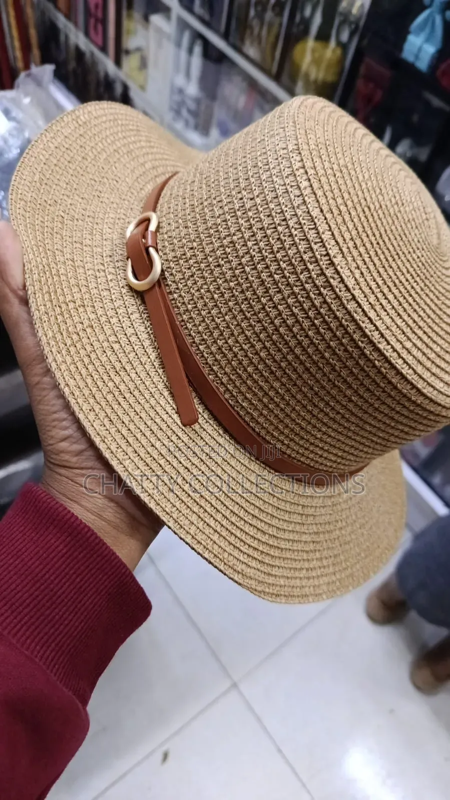 Beige Ladies Beach Hats /Summer Hats With Leather Strap Gold Buckle