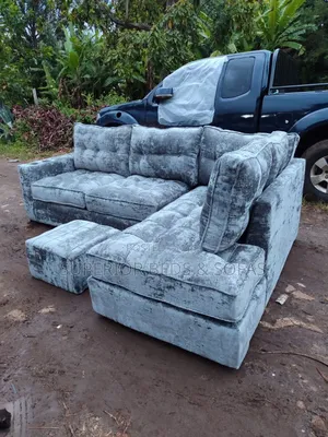 Grey Velvet Corner Sofa Set + Ottoman