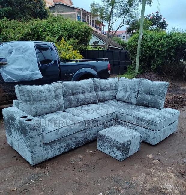 5-Seater Grey Velvet Corner Sofa Set + Ottoman - thumbnail 2