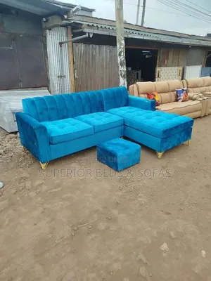 Blue L-Shaped Sofa Set + Ottoman