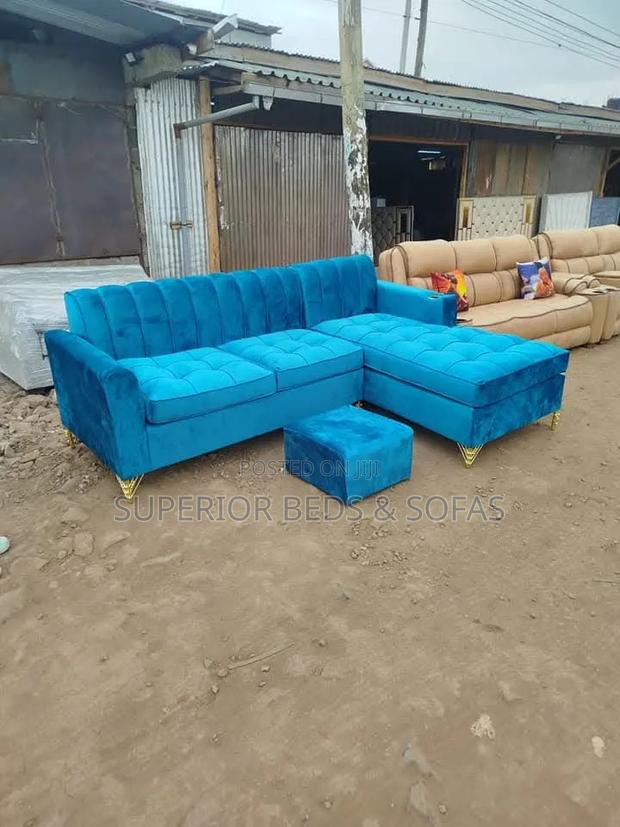 5-Seater Blue L-Shaped Sofa Set + Ottoman