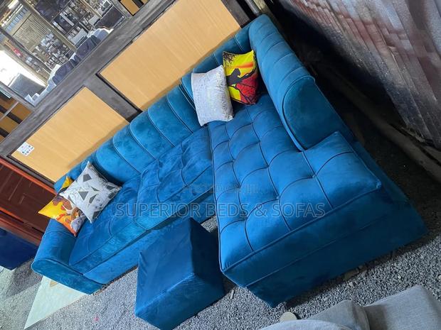 5-Seater Blue L-Shape + Ottoman on Sale: Brand New