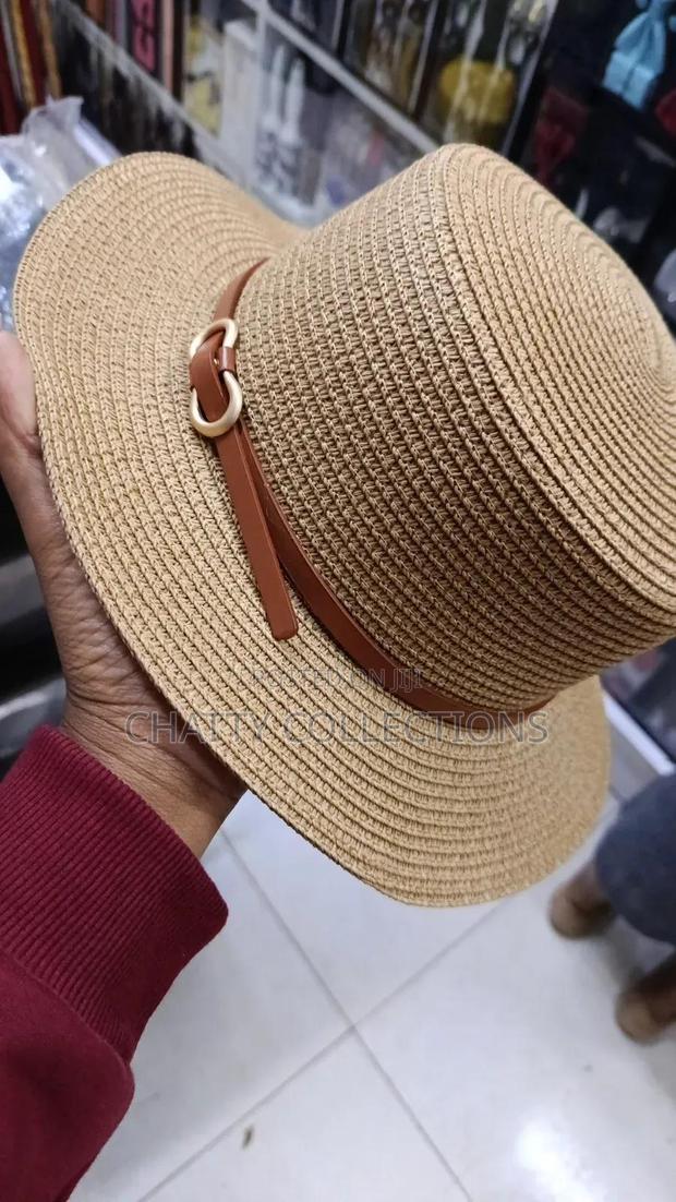 Beige Ladies Beach Hats /Summer Hats With Leather Strap Gold Buckle