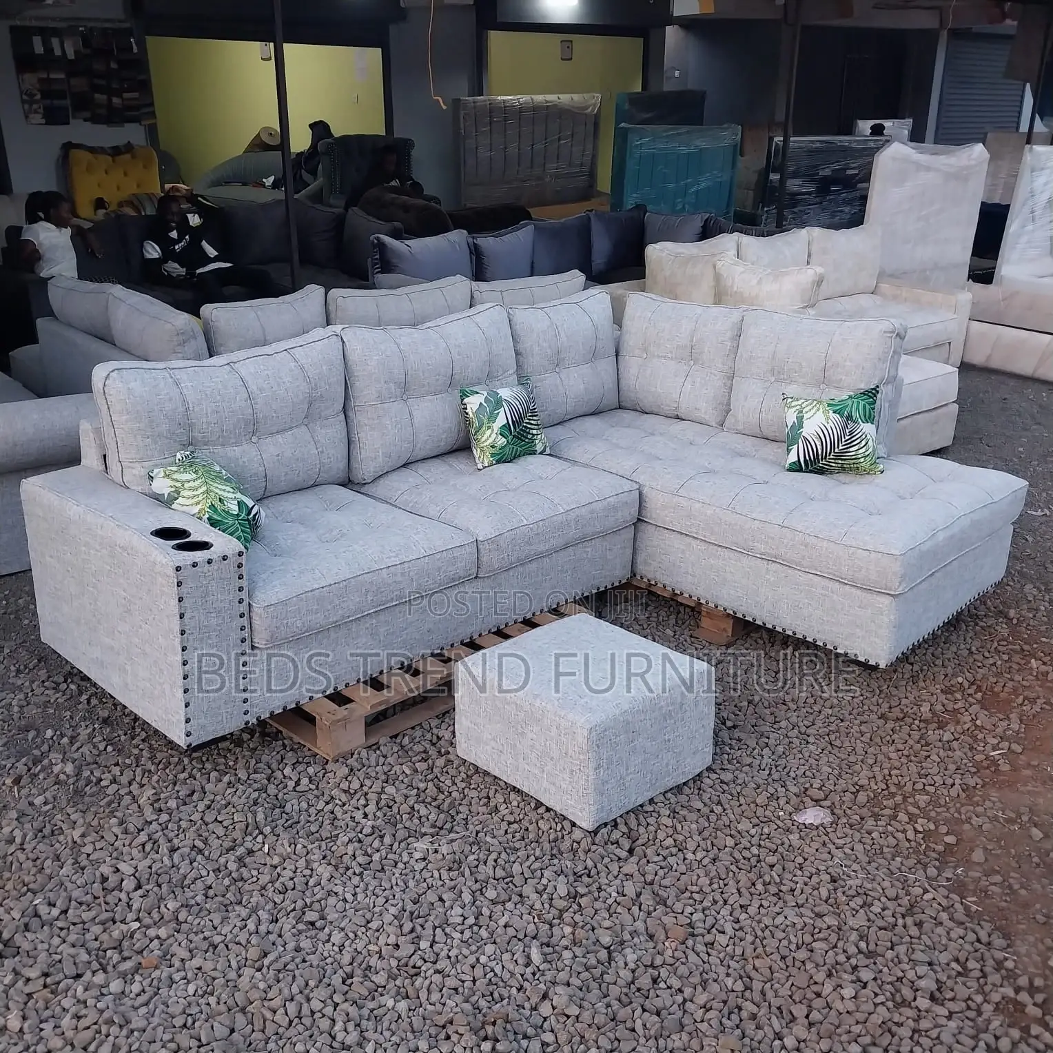 6 Seater Light Grey Tufted L Seat
