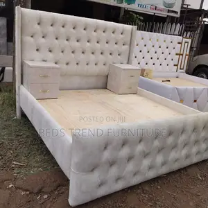 6 by 6 Beige Chester Bed With Side Cabinets