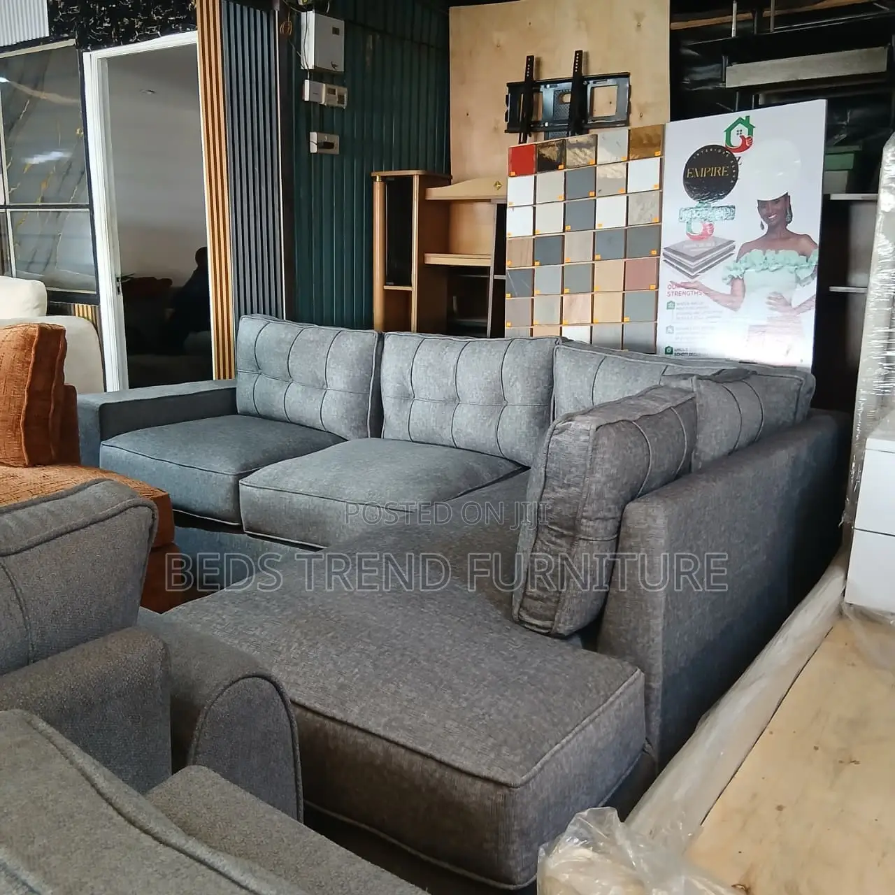 6 Seater Grey L Shaped Sofa With Spring