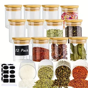 12pc 200ml Glass Container Set Airtight Bamboo Lids + Sticker Labels