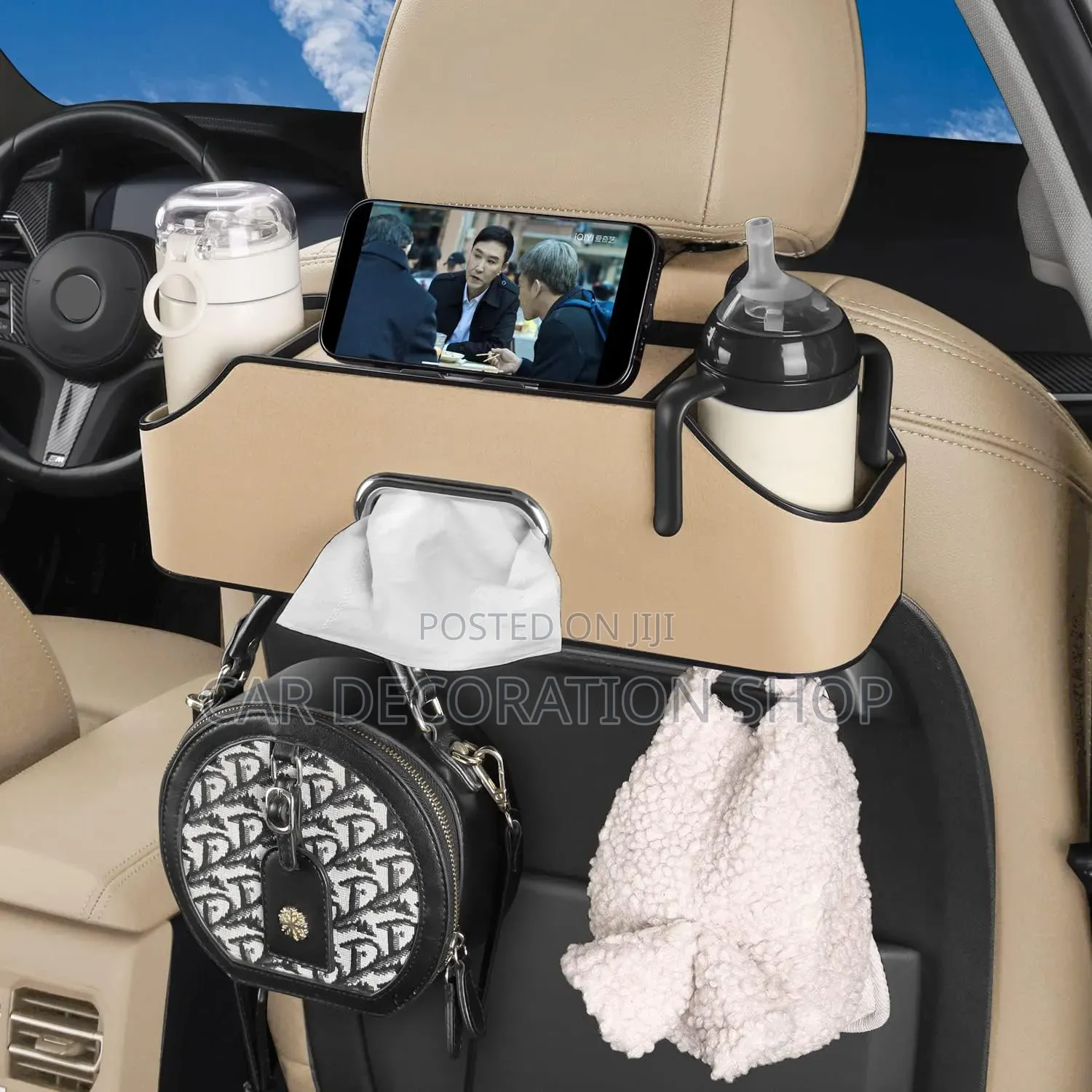 Beige Pu Leather Back Seat Organizer With Tissue Cupholder+ Bag Hook