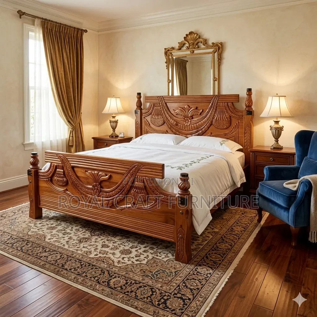 Antique Hand-carved Mahogany Bed - Royal Design