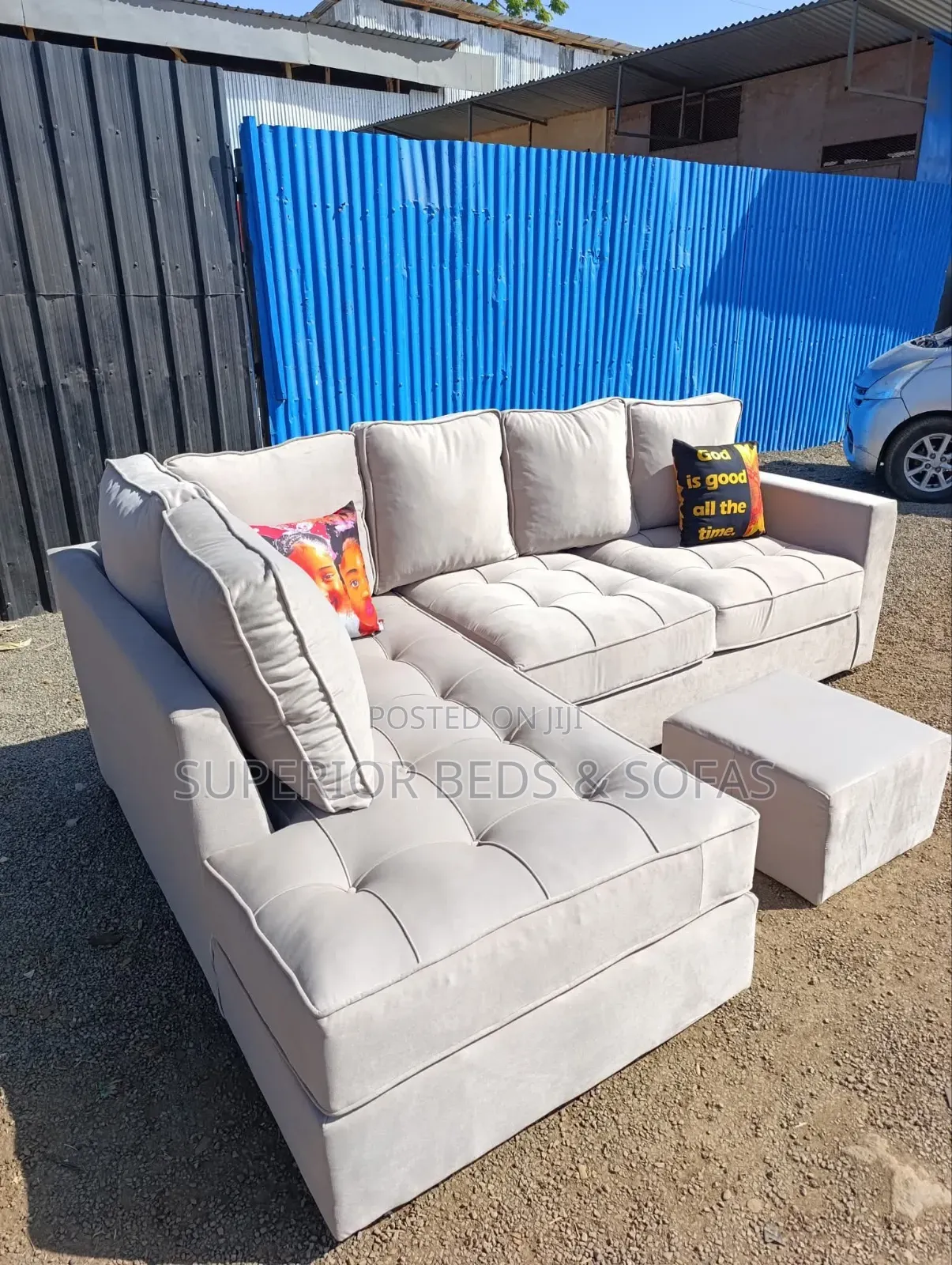 5-Seater: Cream Light Grey L-Shape Sofa