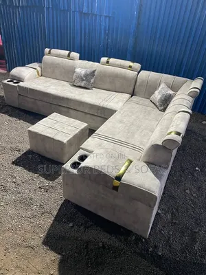 Cream L-Shape Sofa 6 Seater With Cup Holders