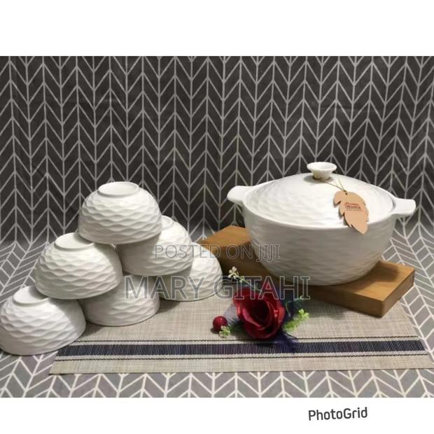 Ceramic White Serving Dish With Soup/Vegetable Bowls - main view