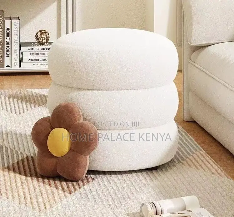Home Ottoman: Round Upholstered Stool With Soft Lambswool Finish
