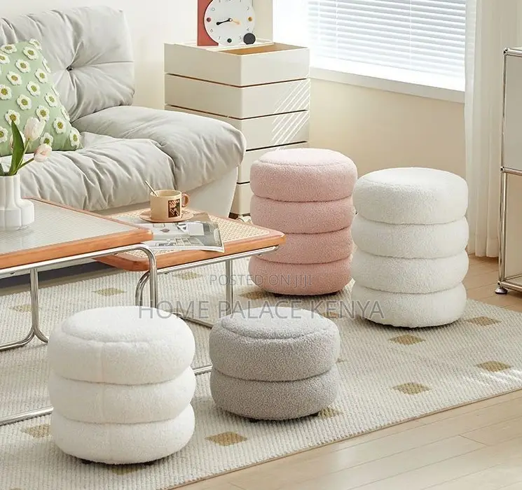 Home Ottoman: Round Upholstered Stool With Soft Lambswool Finish