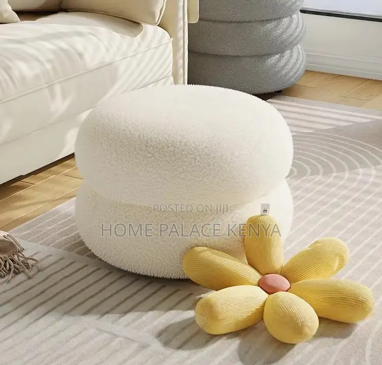 Home Ottoman: Round Upholstered Stool With Soft Lambswool Finish