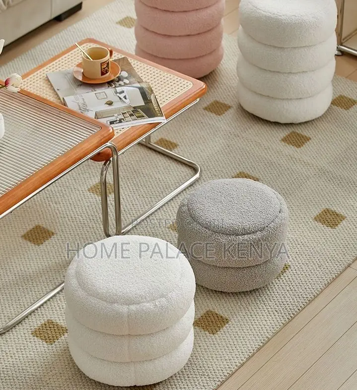 Home Ottoman: Round Upholstered Stool With Soft Lambswool Finish
