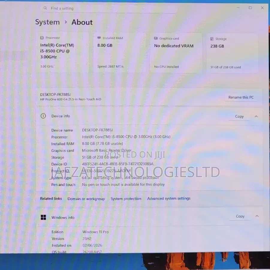Desktop Computer HP AiO 22 8GB Intel Core i5 SSD 256GB