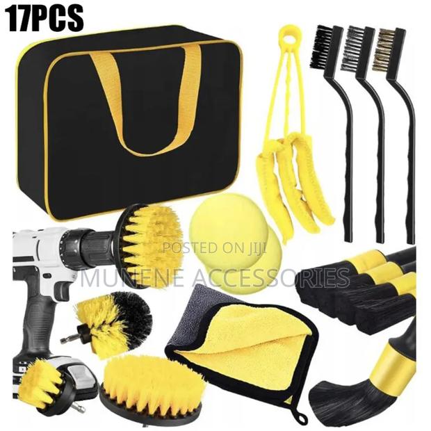 17pcs Car Wash Cleaning Kit Drill Clean Brush, Wire Brush, Carry Bag