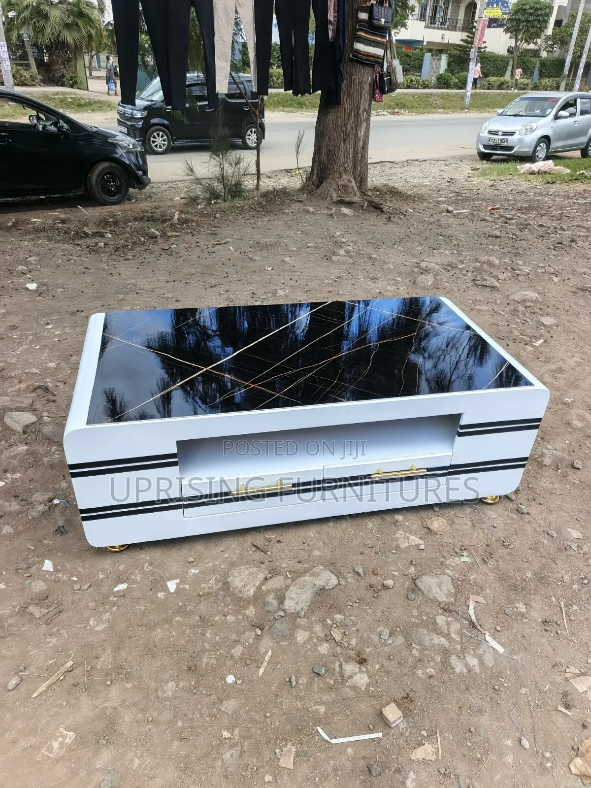 Smart Coffee Table White Marble Top Black