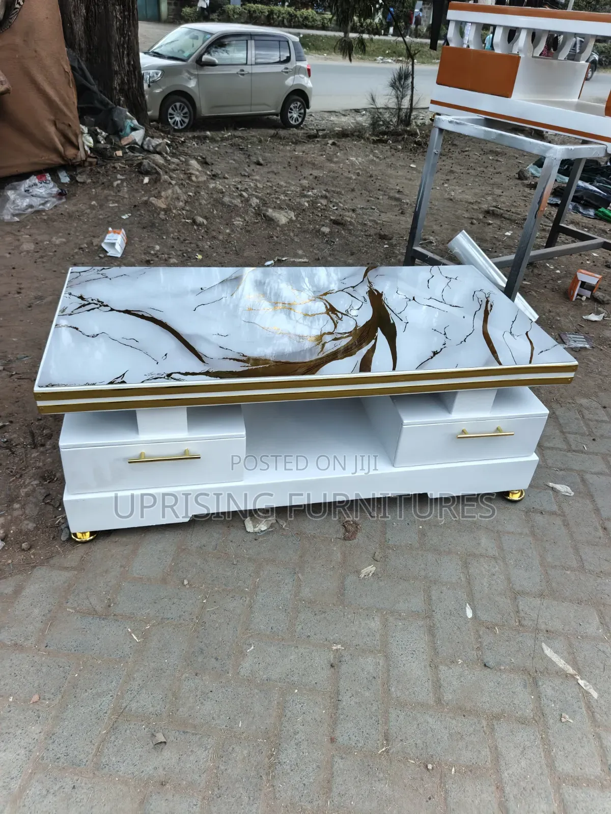 Table White Double Drawers Marble Top Gold