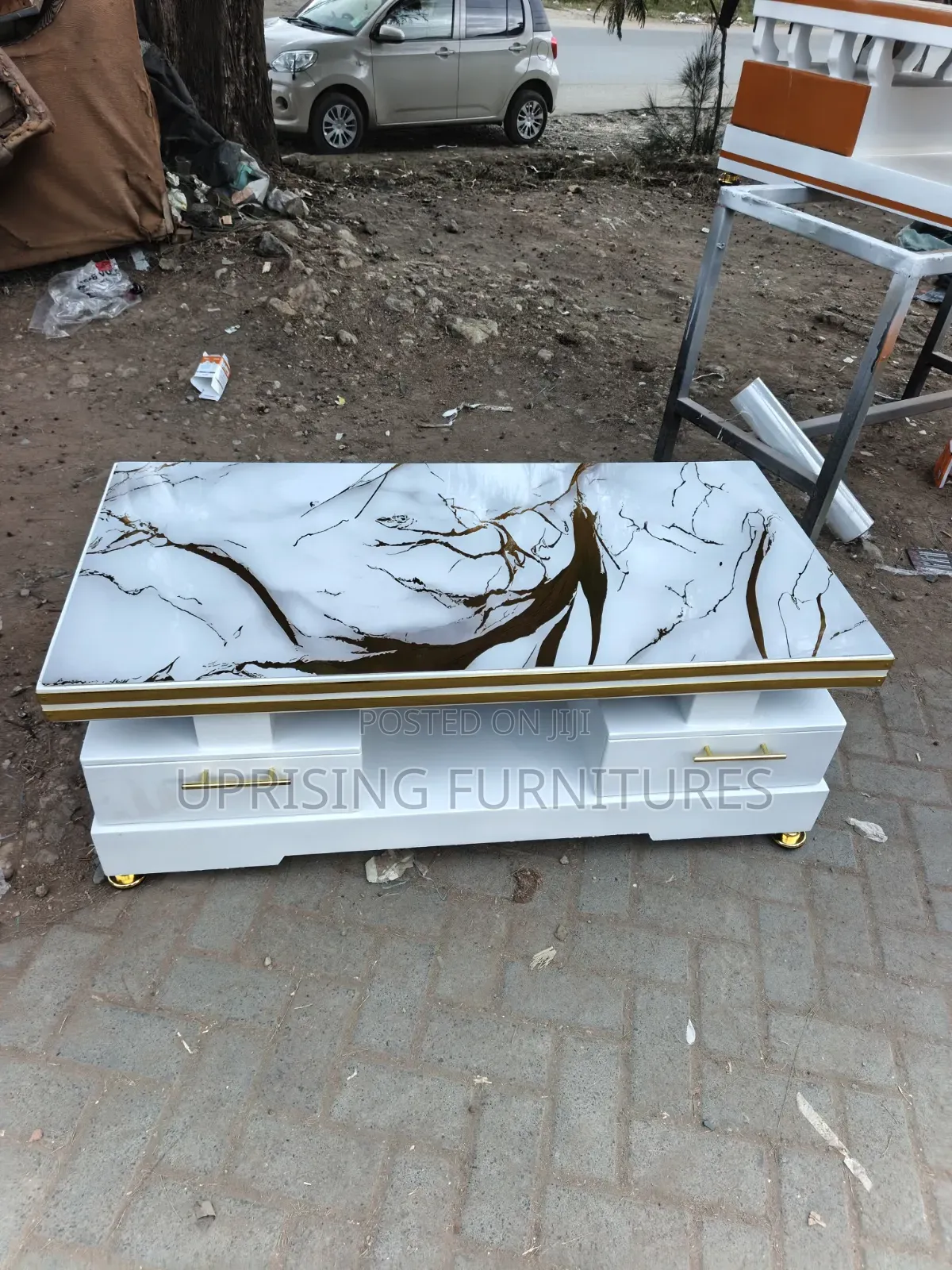 Coffee Table White Gold Double Drawers Marble Top Gold