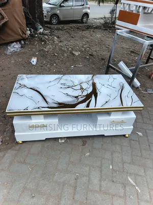 Coffee Table White Gold Double Drawers Marble Top Gold