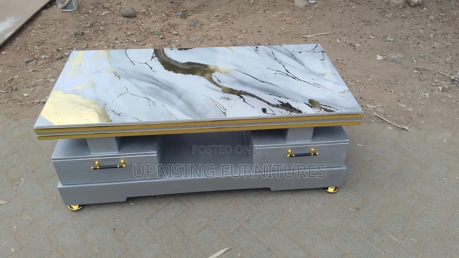 Coffee Table Gray Double Drawers Marble Top Gold