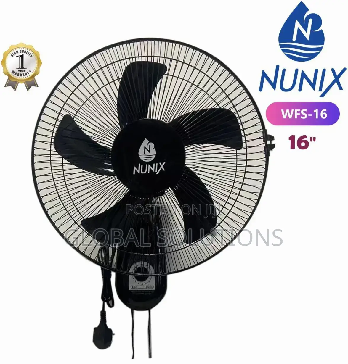 16-Inch Wall-Mounted Fan Features Five Aerodynamic Black Blades