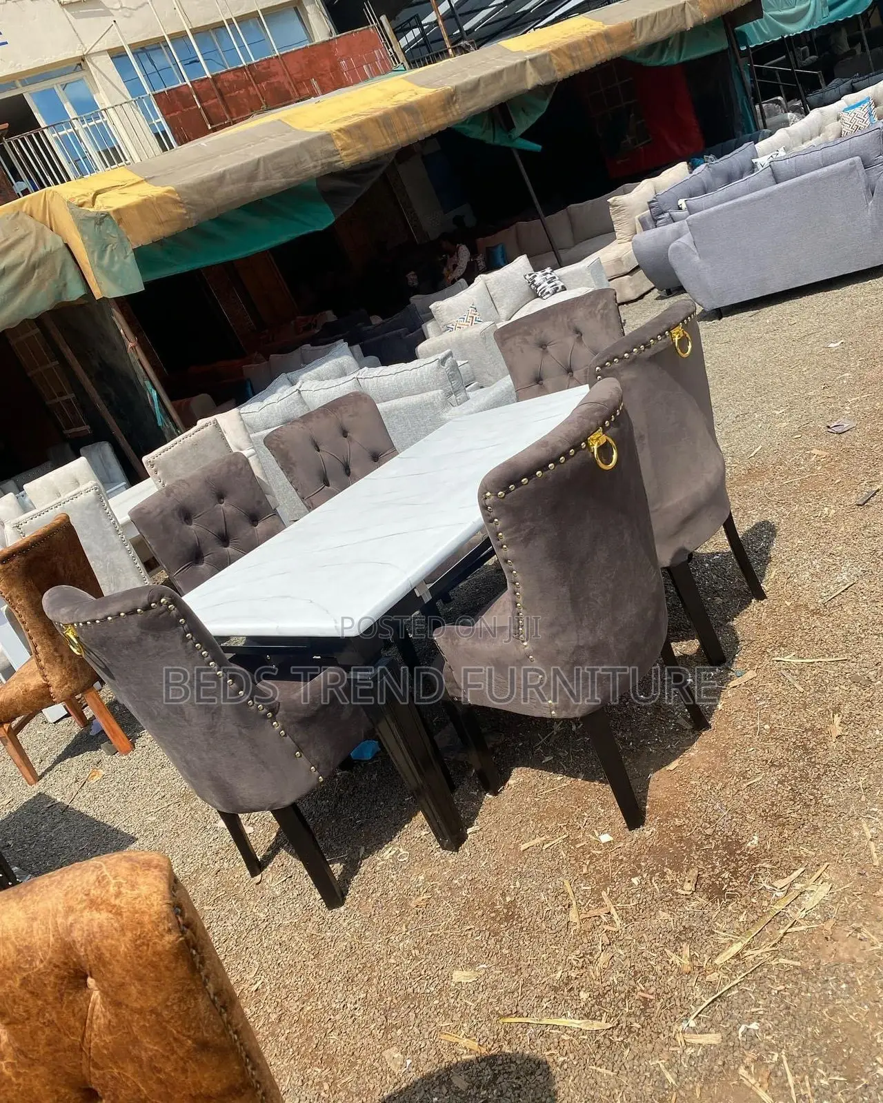 6-Seater Marble Dining Table – Grey Tufted Chairs
