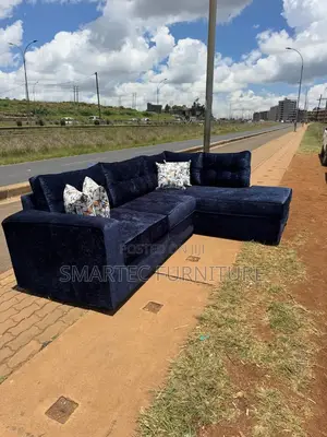 L Shaped Sofa in Dark Blue Velvet Fabric