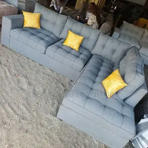 L Seat Grey 6-Seater Sectional Sofa With Yellow Cushions