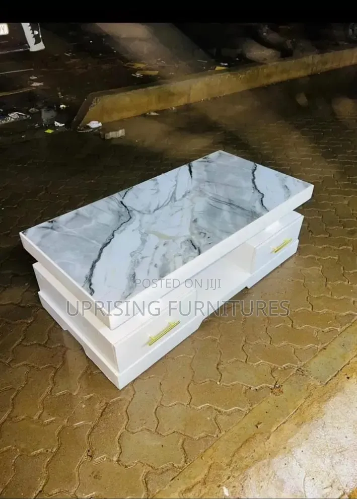 Coffee Table White Plain Double Drawers Marble Top Gray