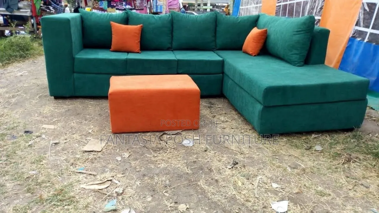 Green L-Shaped Modern Sofa 6 Seater + Ottoman