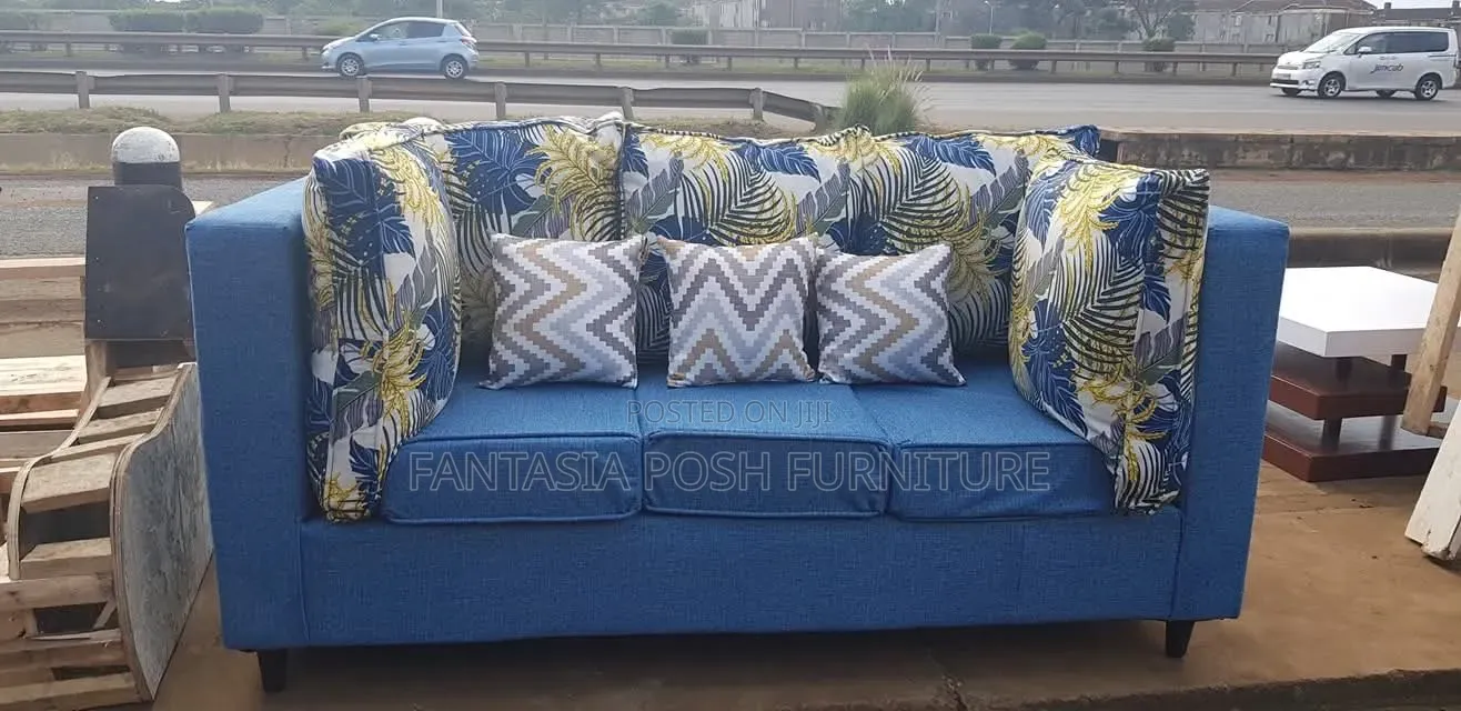 Blue Fabric 3 Seater Sofa With Pillows