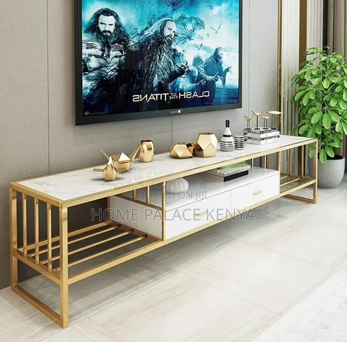 Tv Stand: Tv Stand With Marble Top, Drawers and Metal Frame