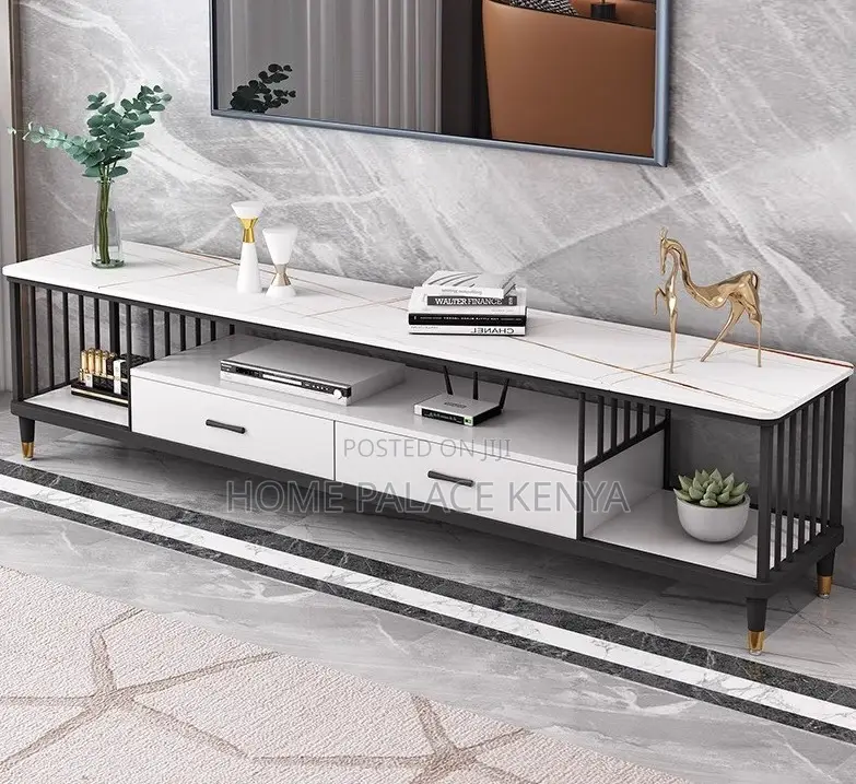 Tv Stand: Tv Stand With Marble Top, Drawers and Metal Frame