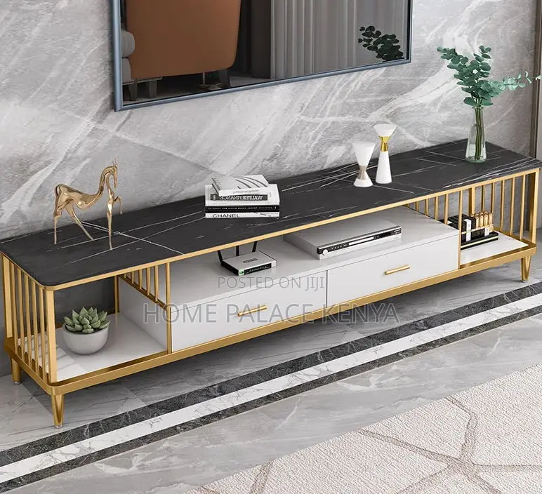 Tv Stand: Tv Stand With Marble Top, Drawers and Metal Frame