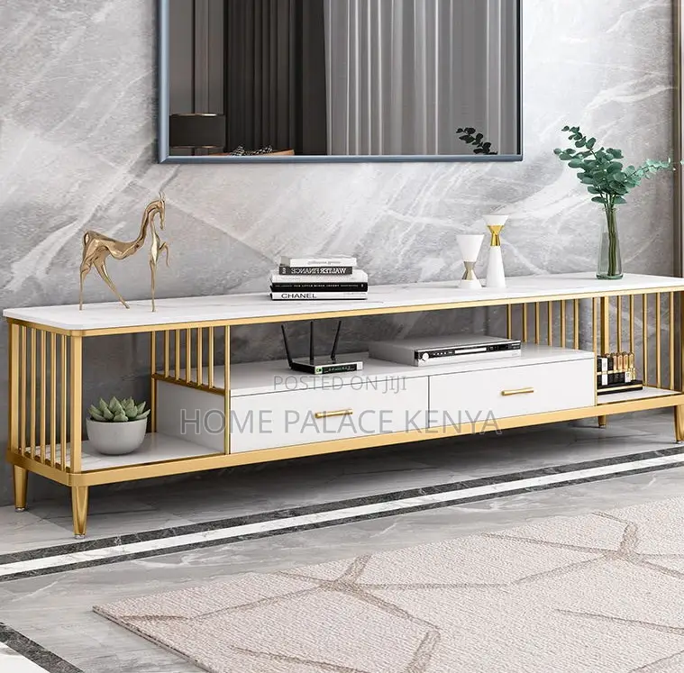 Tv Stand: Tv Stand With Marble Top, Drawers and Metal Frame
