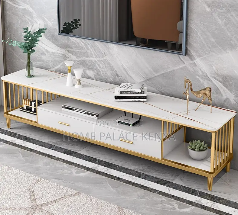 Tv Stand: Tv Stand With Marble Top, Drawers and Metal Frame
