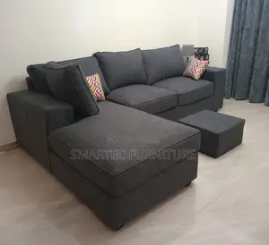 L Seat Grey Plain Fabric 6-Seater Sofa With Foot Rest