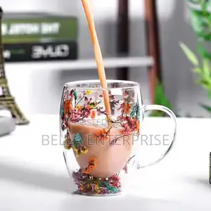 Double Wall Glass Coffee Mug With Colorful Floral Design