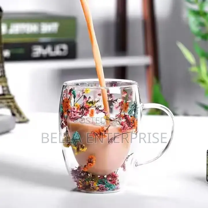 Double Wall Glass Coffee Mug With Colorful Floral Design