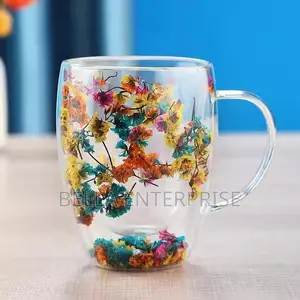 Double Wall Glass Coffee Mug With Colorful Floral Design