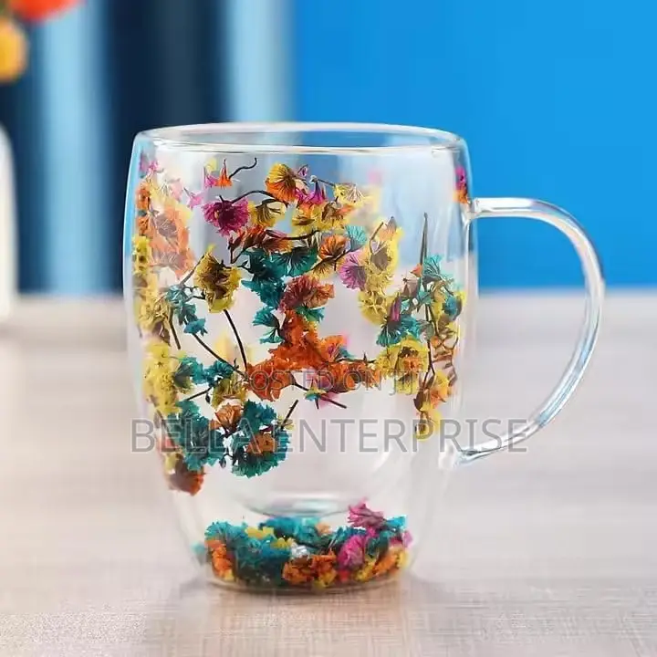 Double Wall Glass Coffee Mug With Colorful Floral Design