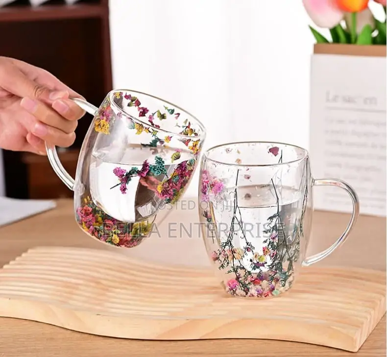 Double Wall Glass Coffee Mug With Colorful Floral Design