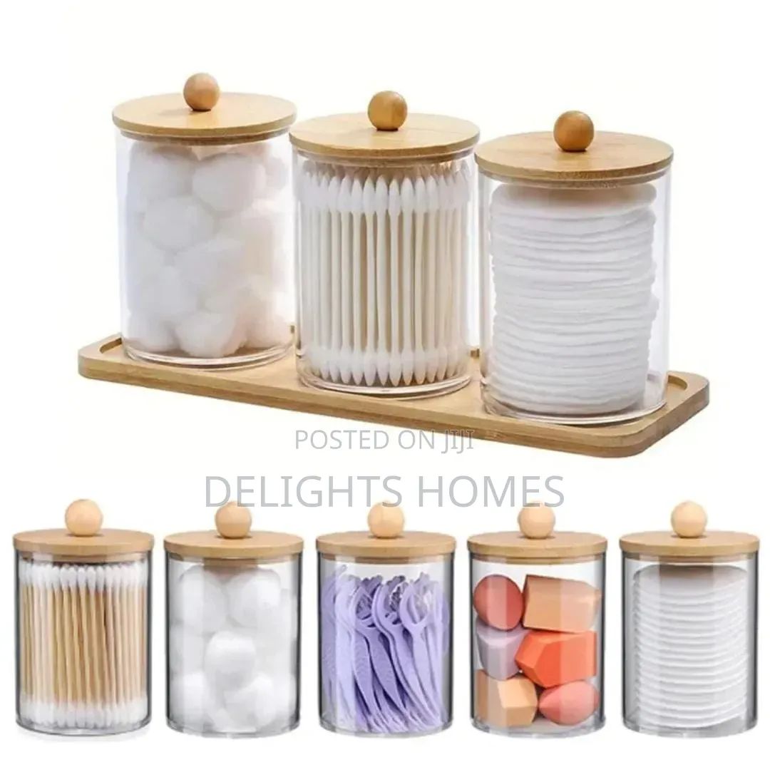 3pcs Set Acrylic Swab Storage Organizer With Bamboo Holder_nje