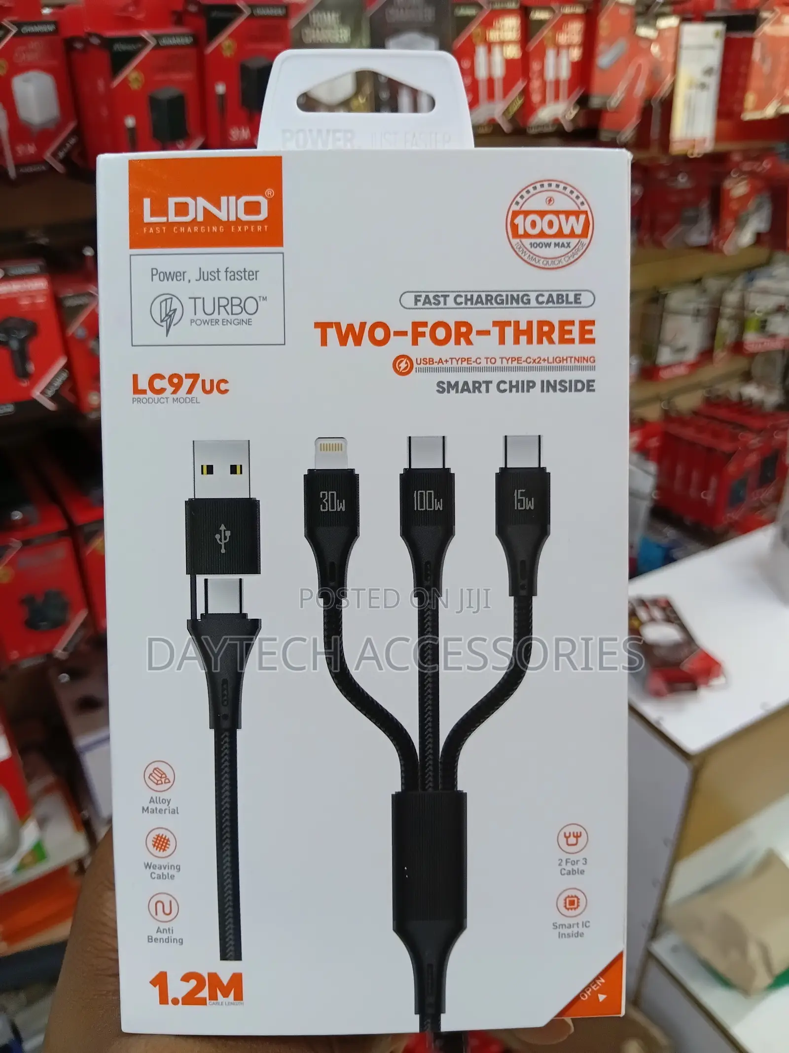 Ldnio Lc97uc 3-in-1 Fast Charging Cable With a Black Woven Exterior.