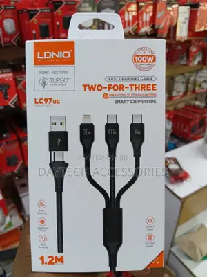 Ldnio Lc97uc 3-in-1 Fast Charging Cable With a Black Woven Exterior.
